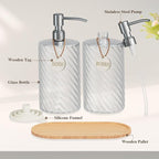 Glass Hand Soap Dispenser Bathroom Set,Dish Soap Dispenser for Kitchen Sink with Wood Tray & Silver Stainless Steel Pump,Spiral Stripe Design