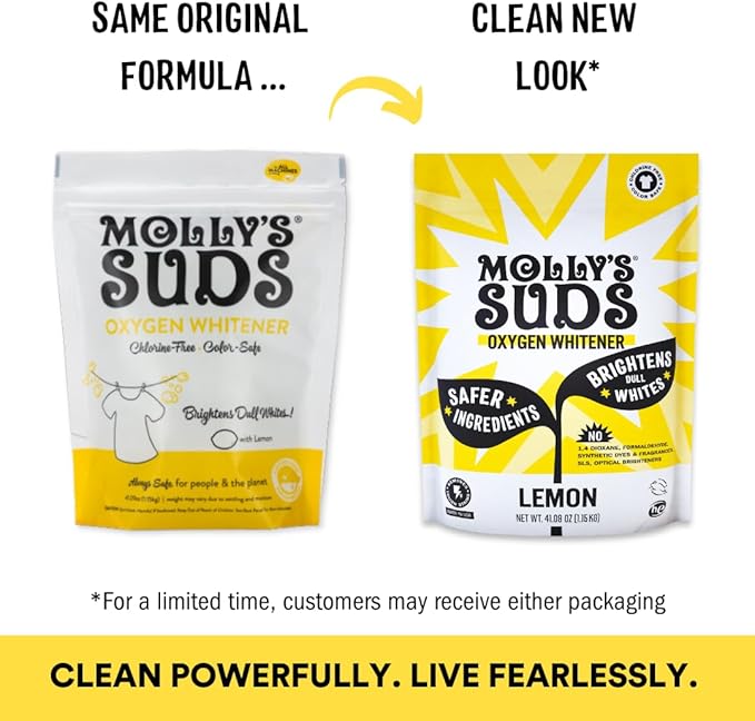 Molly's Suds Oxygen Whitener | Powerful Bleach Alternative, Chlorine Free & Color Safe | Brightens Whites and Removes Stains (Pure Lemon Essential Oil - 79 oz)