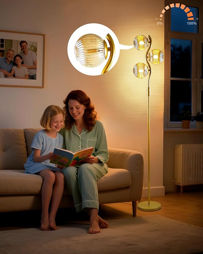 Lightdot 60IN Dimmable Gold Floor Lamp with 3 Glass Globe Mid Century Standing Lamps with 3Pcs 3000K Soft Warm White G9 Bulbs Stepless Brightness Adjustable Modern Tall Lamp for Bedroom Office