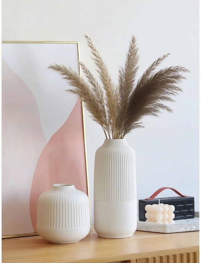 White Ceramic Vase for Flowers, 10 Inch Flower Vases Home Decor, White Boho Vases for Pampas Grass, Vase for Centerpieces Living Room Table Entryway Shelf