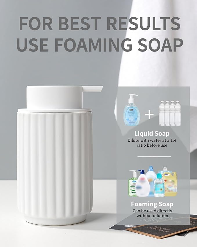 Foaming Soap Dispenser, White Ceramic Refillable Foam Hand Soap Pump for Bathroom Kitchen, 10.5OZ Lotion Dispenser, Foaming Dish Soap Dispenser, Modern Stripe Design, ANTIS'S HOME