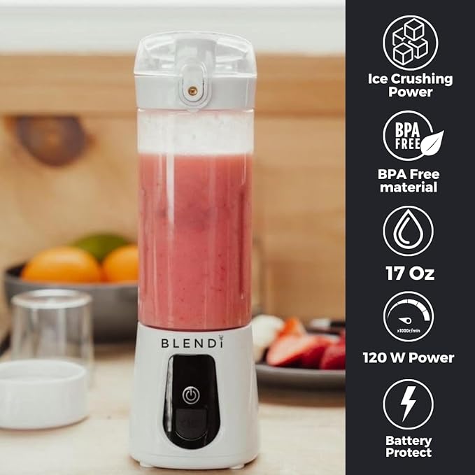 BLENDi Pro+ Portable Blender (17.5oz, White) – Powerful Ice Crushing 120W Motor, USB-C Rechargeable, Cordless Personal Blender Smoothies & Shakes – BPA-Free, Travel-Friendly