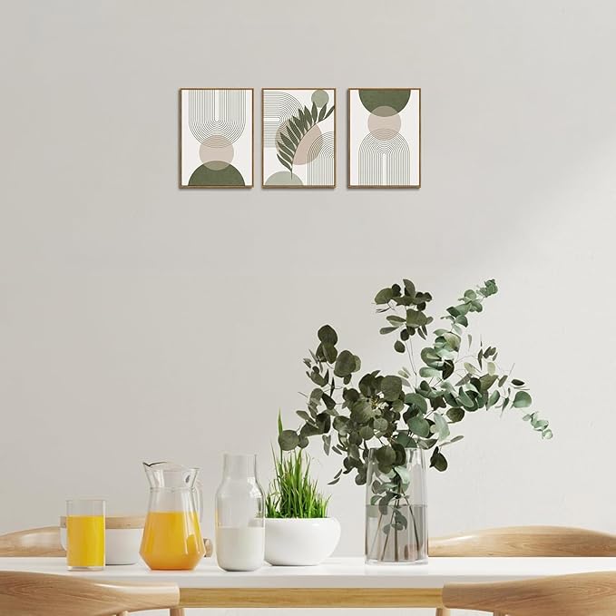 Bwodke Boho Wall Art, Framed Abstract Wall Art, Sage Green Canvas Wall Decor, Mid Century Line Leaf Geometric Pictures Set of 3, Minimalist Paintings, for Bedroom Living Room Bathroom 12"x16"