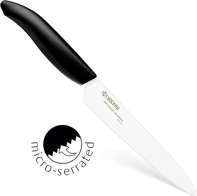 Kyocera Advanced Ceramics – Revolution Series 3-Piece Ceramic Knife Set: Includes 6-inch Chef's Knife; 5-inch Micro Serrated Knife; and 3-inch Paring Knife; Black Handles with White Blades
