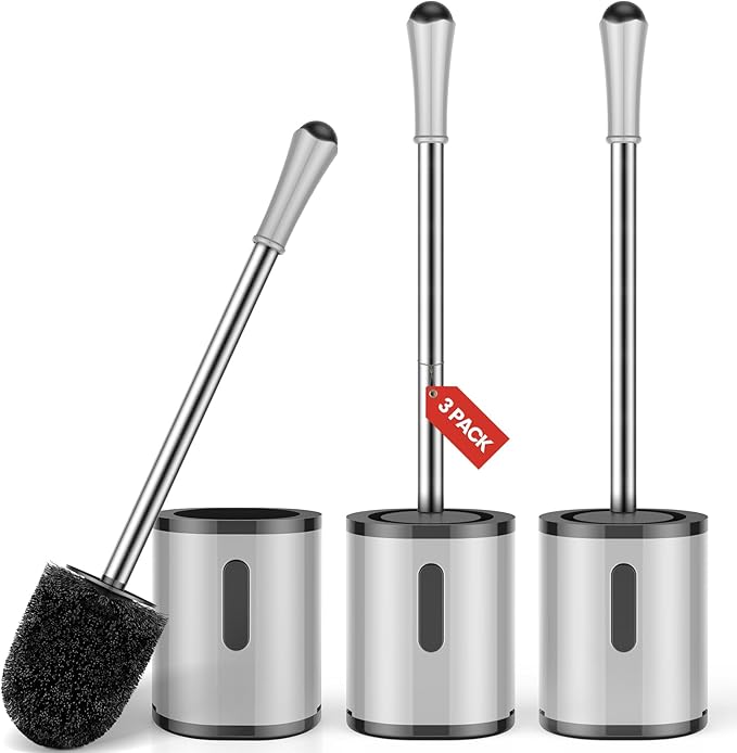 Toilet Brush and Holder, 3 Pack Compact Size Toilet Bowl Brush with Stainless Steel Handle, Small Size Plastic Holder Easy to Hide, Space Saving for Storage, Drip-Proof, Easy to Assemble Grey & Black