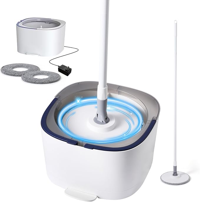 Spin Mop and Electric Bucket System, Unique Automatic Washing and Wring Electric Bucket, Upgrade Spin Mop Bucket with 2 Microfiber Cloths,Suitable for Hardwood Tile Marble Floor-White