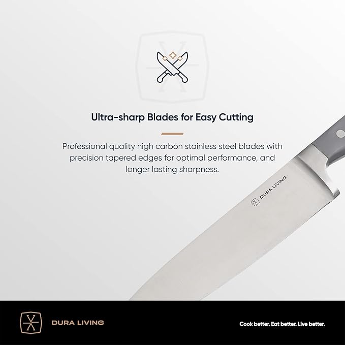 DURA LIVING 8 Inch Professional Chef Knife – High Carbon Stainless Steel, Razor-Sharp, Versatile Cooking & Cutting Kitchen Knife, Ergonomic Handle, Sleek Gray Design