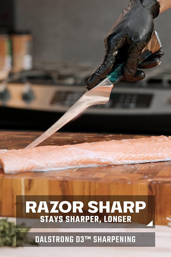 Dalstrong Fillet Knife - 7 inch Flexible Blade - Valhalla Series - Celestial Resin & Wood Handle Gift Knife - Fish Meat Cutting, Carving, Bone, Trimming, Deboning - Leather Sheath Included