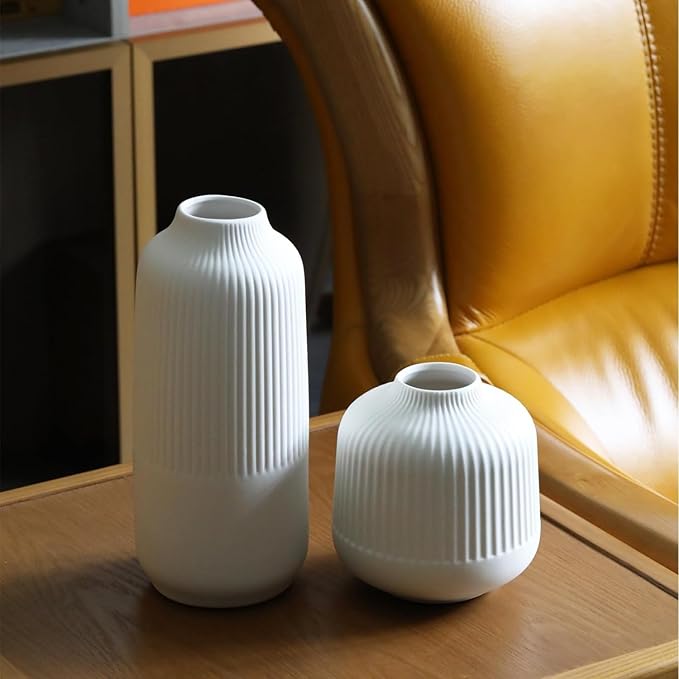White Ceramic Vase Set of 2, Flower Vases Home Decor, Boho Vase for Pampas Grass, White Vases for Centerpieces Table Entryway Shelf
