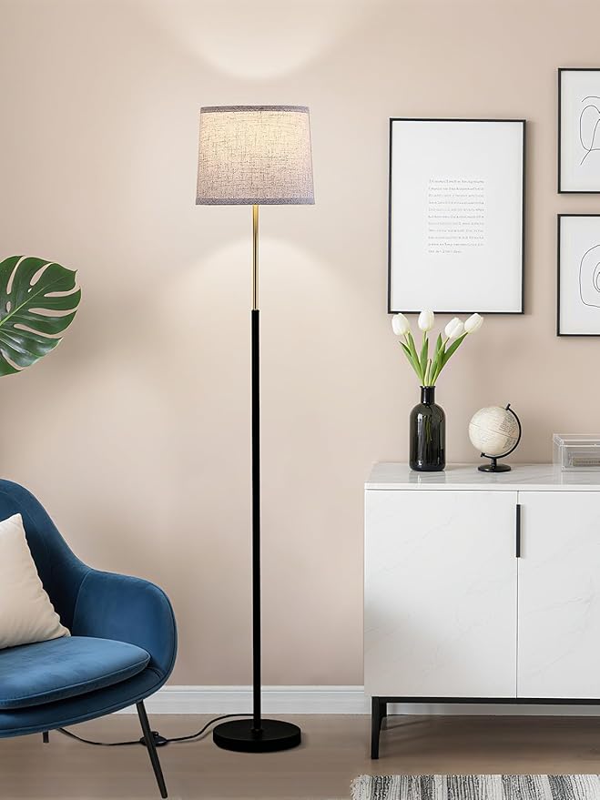 60" Modern Floor Lamp for Living Room Bedroom, Standing Lamp with Oatmeal Linen Lampshade, Tall Lamp with A19 9W 3 Color Temperature Bulb, Foot Switch Control, Black & Gold