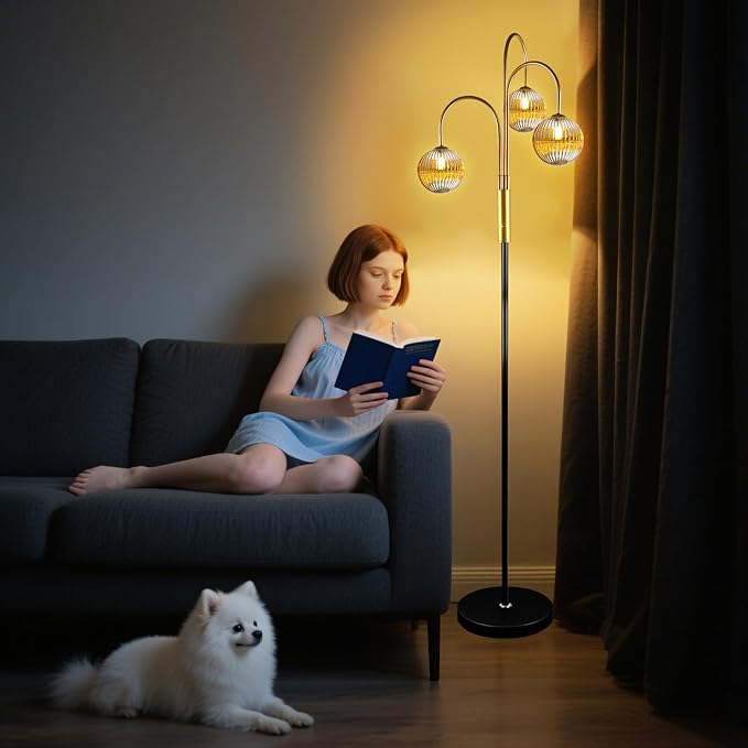 Lightdot 70IN Dimmable Floor Lamp for Living Room, 3 Light LED Tree Floor Lamps with 3Pcs Glass Globe, 3000K Soft Warm White for Wedding/Party, Mid Century Standing Tall Lamp for Bedroom-Black&Gold