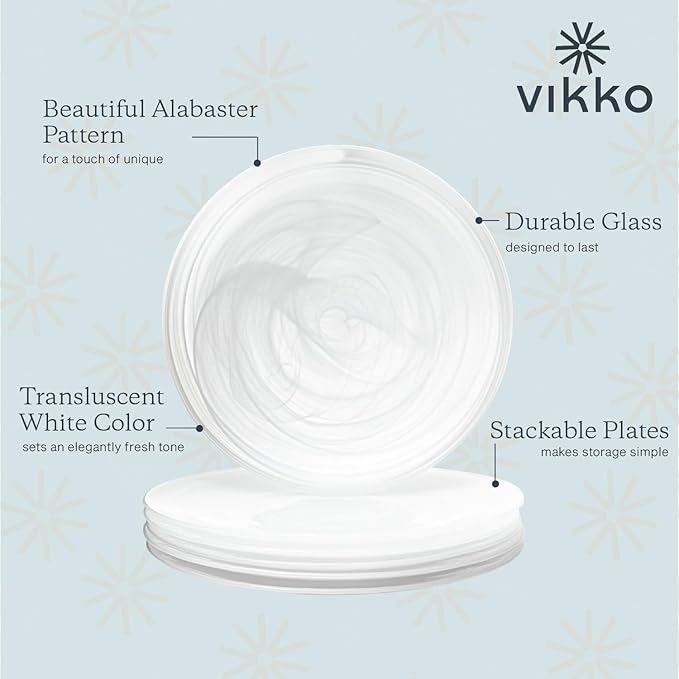 Vikko Dinner Plates, Set of 4 White Alabaster Plates, 11" Plate with Marbelized, Swirl Design, Elegant Glass Plate, Dishwasher Safe