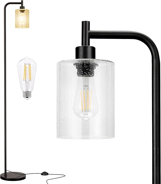 Floor Lamps for Living Room - Standing Lamp with Seeded Glass Shade, Modern Floor Lamp with LED Bulbs, Industrial Floor Lamp for Bedroom, Black Tall Lamp for Office(Light Bulb Included)