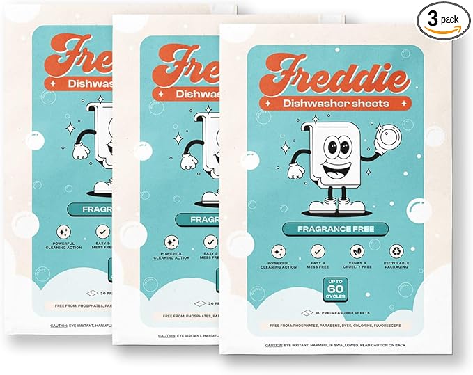 Freddie Dishwasher Sheets Fragrance Free - Space-Saving Alternative to Liquid Detergent - 180 Loads (3 Pack) Concentrated Plastic Jug Free Strips