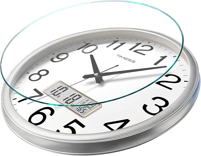 Wall Clock, 13 Inch Non-Ticking Silent Battery Operated Quartz Analog with LCD Display for Perpetual Calendar and F° Temperature, Ideal Modern Home, Bedroom, Kitchen, Office Décor (Sliver)