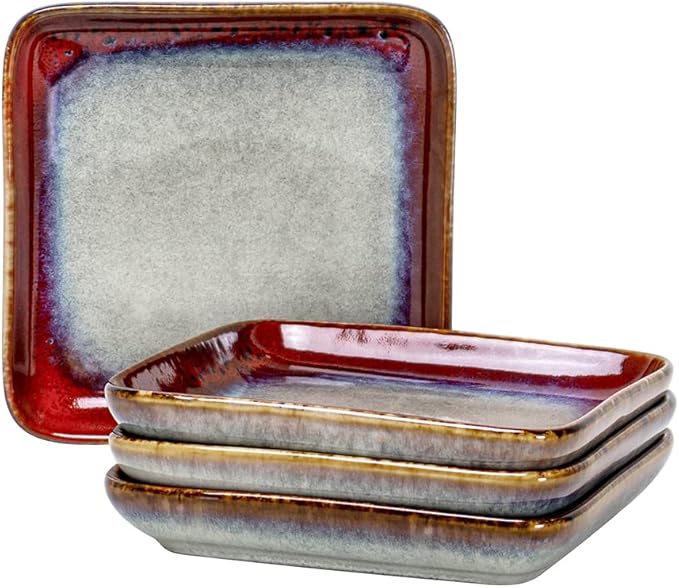 Ceramic Square Plate Sets - Dessert, Appetizer, Snack, Small Dinner Plate Scratch Resistant, Porcelain Serving Side Dish 6.3 Inch Microwave & Oven, Dishwasher Safe - Set of 4, Reactive Red