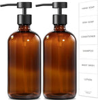 GMISUN Amber Glass Soap Dispenser, 2 Pack Bathroom Hand Soap Dispensers with Stainless Steel Flat Pump, 17 Fl Oz Kitchen Dish Soap Dispenser, Modern Vintage Liquid Brown Soap Dispensers Bottle Set