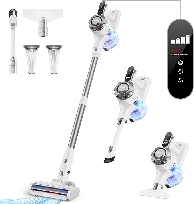 Cordless Vacuum Cleaner, 8-in-1 Lightweight Stick Vacuum with 45mins Runtime, Powerful Suction, Rechargeable Cordless Vacuum for Carpet, Tile, Pet Hair, Hardwood Floors, White