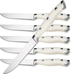 Alata 6-Piece White Steak Knives Set, Stainless Steel Steak Knife set with Serrated Edge, Razor-Sharp, Full-Tang Construction, Dishwasher Safe