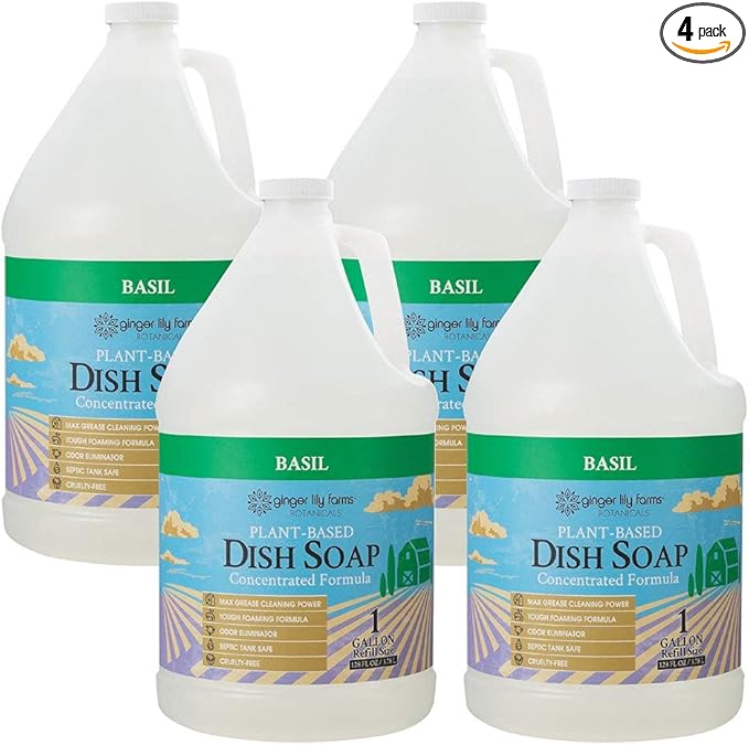 Ginger Lily Farms Botanicals Plant-Based Liquid Dish Soap, Concentrated Formula with Max Grease Cleaning Power, Cruelty-Free, Basil Scent, 1 Gallon Refill (128 Fl. Oz.) (Pack of 4)