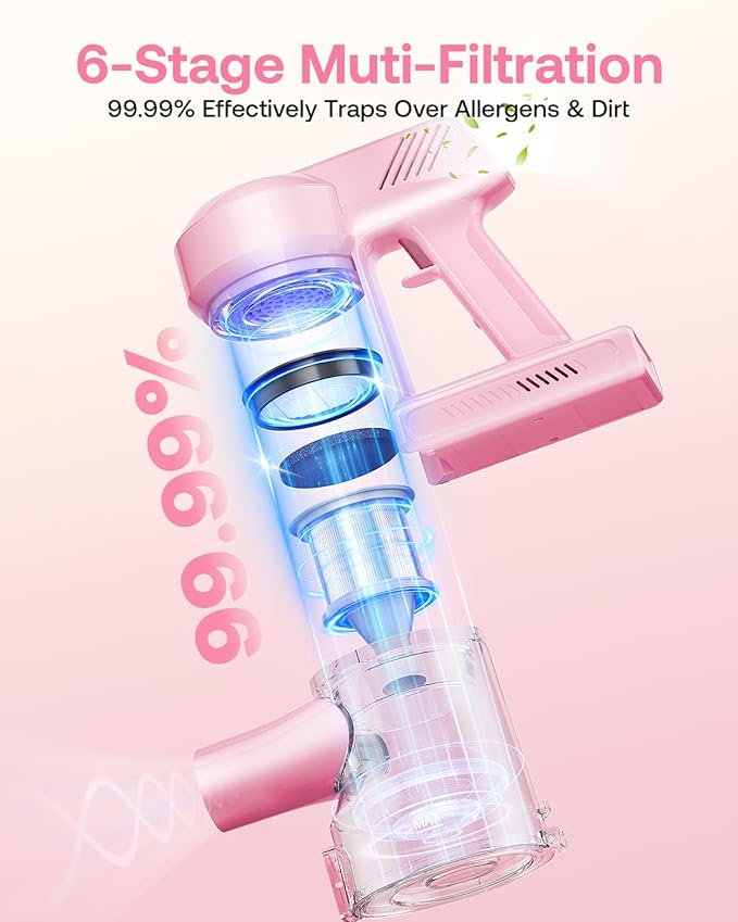 Cordless Vacuum Cleaner, 40Kpa 45Mins Vacuum Cleaners for Home, 8-in-1 Lightweight Stick Vacuum with Powerful Suction, Anti-tangle Wireless Vacuum for Carpet, Tile, Pet Hair, Hardwood Floors, Pink