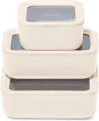 Caraway 3pc Glass Food Storage Set – 10 Cup, 6.6 Cup, & 4.4 Cup Food Containers - Ceramic Coated - Non Toxic Non Stick Lunch Box with Glass Lids - Dishwasher, Oven, & Microwave Safe - Cream