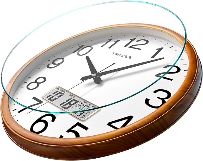 Wall Clock, Classic Wood Style Finish, 13 Inch Non-Ticking Silent Battery Operated Quartz Analog with Perpetual Calendar and F° Temperature Display, Home, Office Décor (Chestnut Yellow)