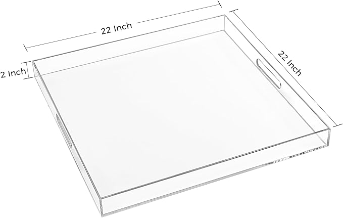 22×22 Inches Oversize Extra Large Sturdy Clear Acrylic Serving Tray King Size Decorative Big Ottoman Trays with Cut Out Handles Water Proof Bed Tray Coffee Counter Top Organizer