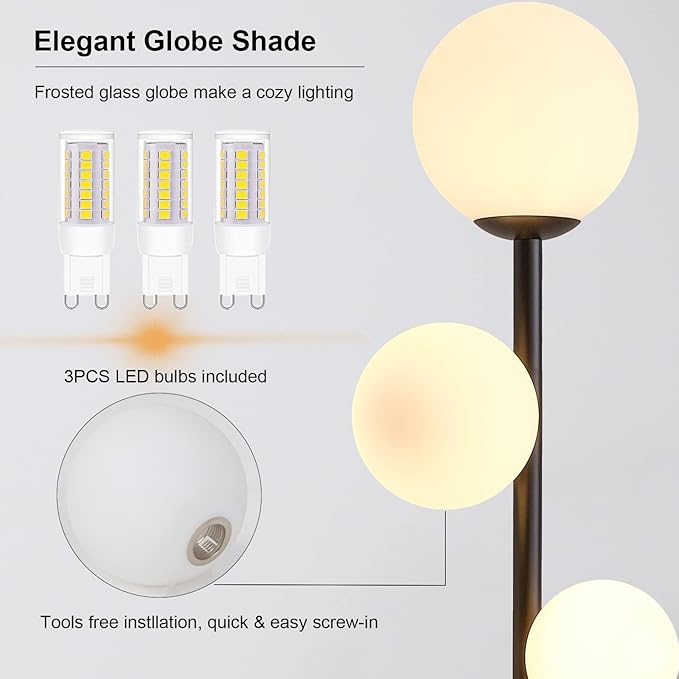 Fiqevs 3 Globe Mid Century Modern Floor Lamp, 3 x 800LM LED Bulbs Included, Matt Black Standing Lamp with Sphere Frosted Glass Shade, Vintage Retro Tall Pole Lamp for Living Room, Bedroom Office
