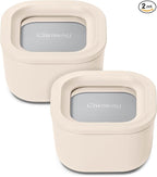 Caraway 2pc Glass Food Storage Set - 1.75 Cup Food Containers (2) - Non-Toxic Ceramic-Coated Glass - Air Release Technology - Compact & Stackable Design - Cream