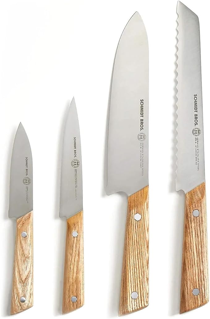 Schmidt Brothers - 5-Piece Natural White Oak Hex Knife Set, High-Carbon Stainless Steel Cutlery with Natural White Oak and Acrylic Magnetic Knife Block