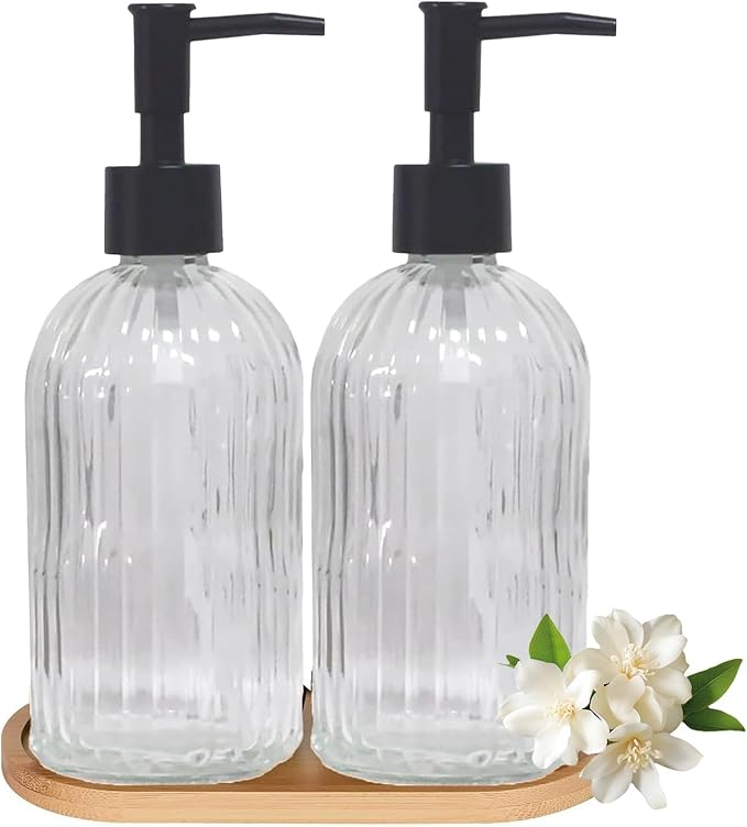 Glass Hand and Dish Soap Dispenser Set of 2 with Plastic Pumps, Bamboo Tray, 13.5oz Clear Bathroom Soap Dispenser with Vertical Stripe for Hand Wash & Dish Wash, Ideal for Bathroom Kitchen Countertop