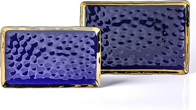 Stone Lain Florian Porcelain Large and Medium Rectangle Service Platters, Blue with Gold Rim