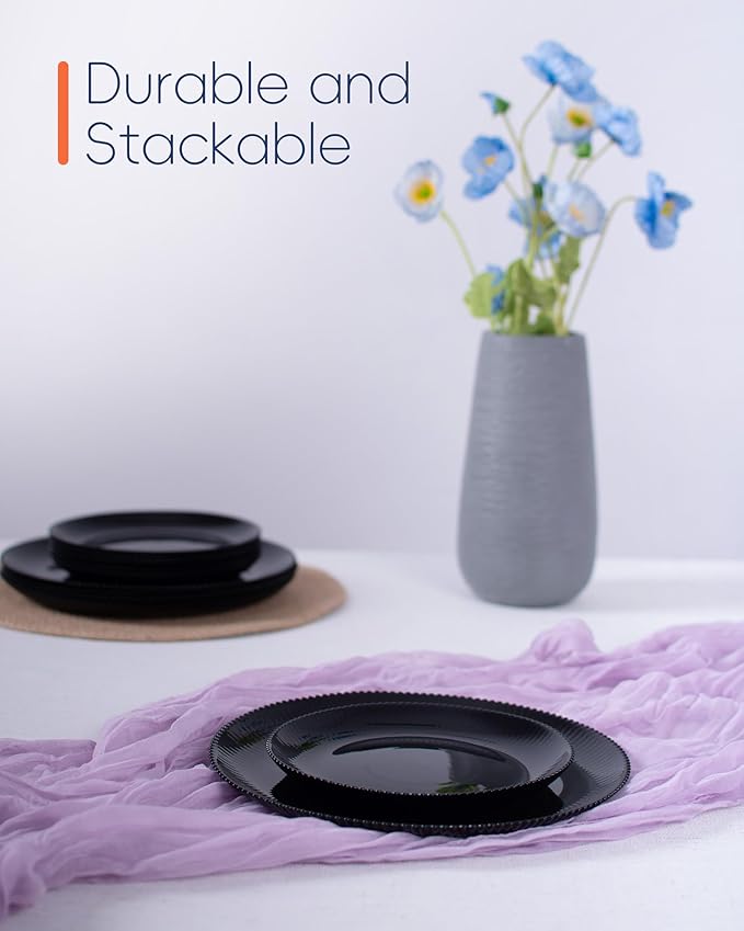 7.5 inch Ribbed Salad Appetizer Plate Set of 6, Opal Glass Round Small Black Plates for Dessert, Kitchen, Dishwasher and Microwave Safe