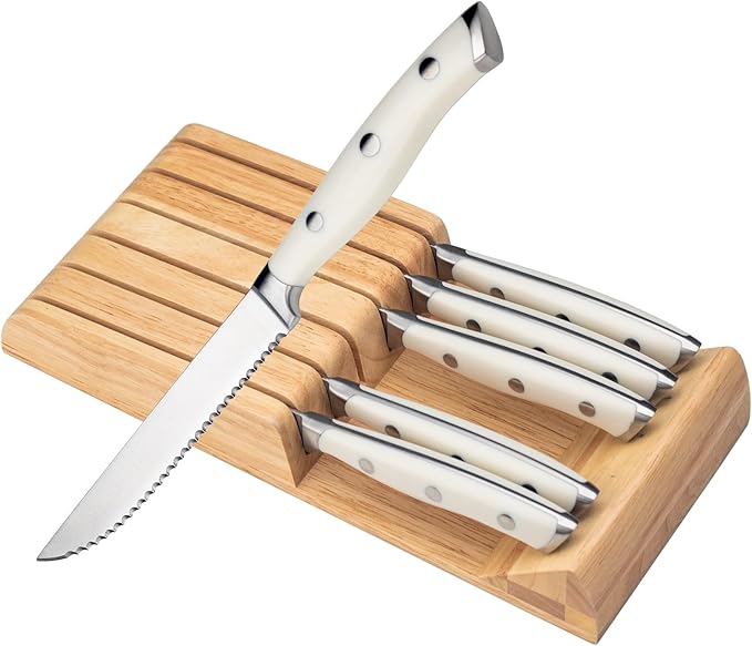 Alata 6-Piece White Steak Knives Set with Block, Stainless Steel Steak Knife set with Serrated Edge, Razor-Sharp, Full-Tang Construction, Dishwasher Safe