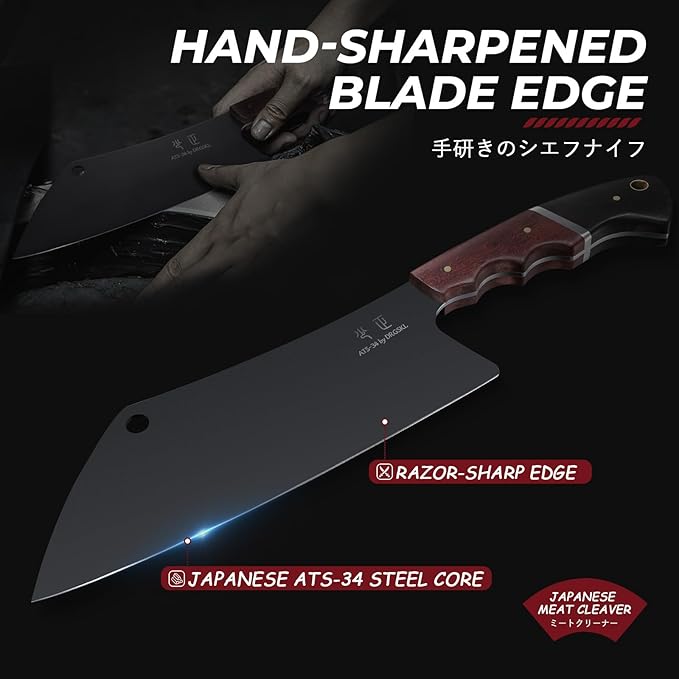Meat Cleaver Knife 8inch - Black Butcher Knife for Meat Cutting, Japanese High Carbon Steel Vegetable Cleaver for Chopping, Kitchen Cooking Knife with Wooden Handle, Gift for Men