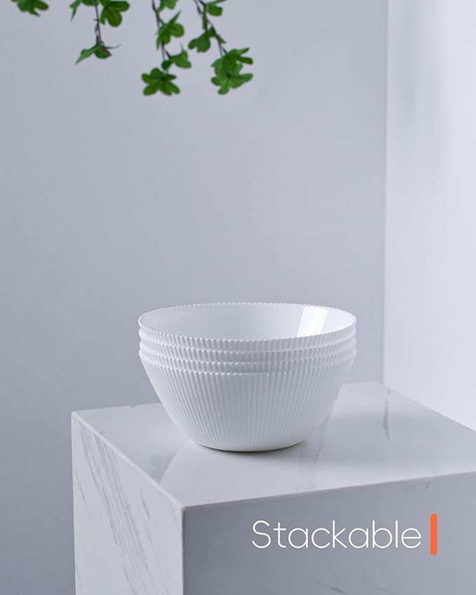 30 OZ Max Cereal Soup Bowl Set of 6, Opal Glass 7.2 inch White Ribbed Bowls for Ramen, Noodle, Salad, Fruit, Dishwasher and Microwave Safe