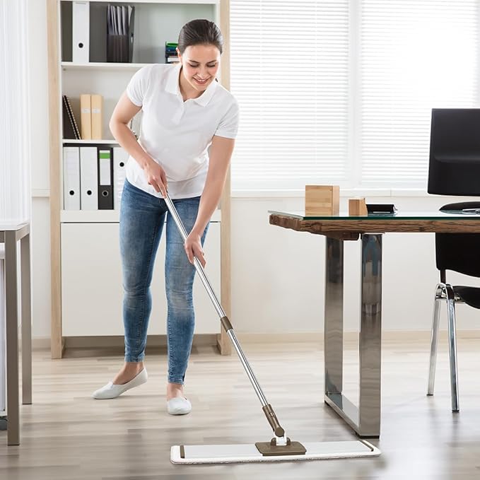 CQT Commercial Flat Microfiber Floor Mop Cleaning System 24" Inch Wet Dry and Dust Hardwood with 4 Washable Pads Cleaner for Laminate Tile Stainless Steel Handle and Extension (PT14 Brown)