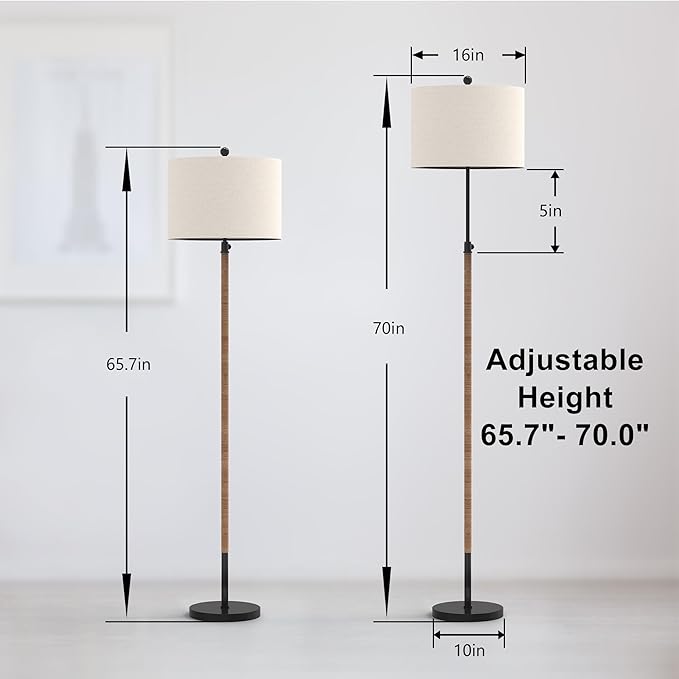 Farmhouse Rattan Floor Lamp for Living Room, Adjustable Height:65"-70" Black Standing Lamp, Boho Tall Skinny Pole Light with Oatmeal Shade for Bedroom Office