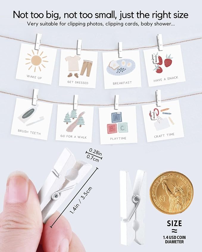 Clothes Pins Mini Clothespins White - 100 PCS Wooden Small Clothespins for Pictures with Jute Twine Tiny Photo Paper Clip, Ideal for Baby Shower, Crafts, Chip Clips, Home Office Decoration