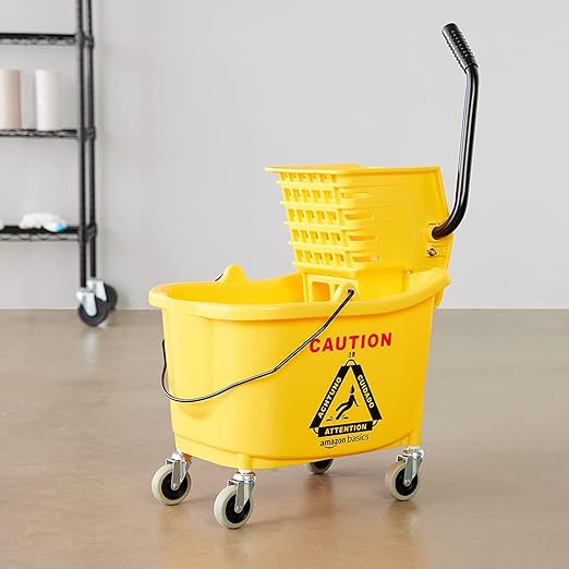 Amazon Basics Side Press Wringer Combo Commercial Floor Cleaning Rectangular Mop Bucket on Wheels, 35-Quart, Yellow