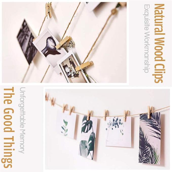 Mini Clothespins, Mini Clothes Pins for Photo, 100 Pack Wooden Small Clothes Pin with 32 FT Jute Twine String, Tiny Decorative Clothespin for Little Baby Shower Photos Clips Pictures Crafts Display