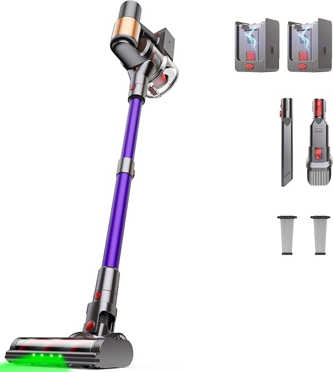 Cordless Vacuum Cleaner, 2 Batteries 120 Mins Runtime 45Kpa 550W, Stick Vacuum with Anti-Tangle Design, Self-Standing, Vacuum Cleaners for Home, Hardwood Floor, Carpet, Pet Hair