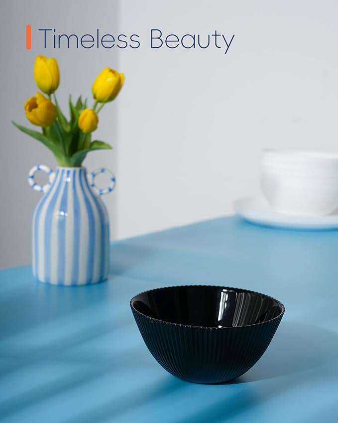 20 OZ Max Black Opal Glass Cereal Bowl Set of 6, 6 inch Dishwasher & Microwave Safe Round Ribbed Bowls for Kitchen, Salad, Soup and Rice