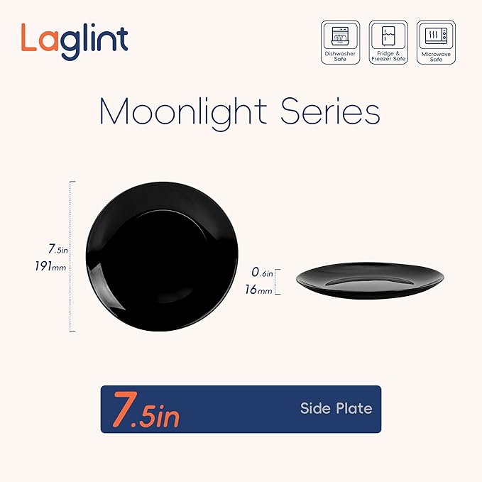 7.5 inch Appetizer Plate Set of 6, Lightweight Opal Glass Round Black Salad Plates for Dessert Kitchen, Dishwasher and Microwave Safe