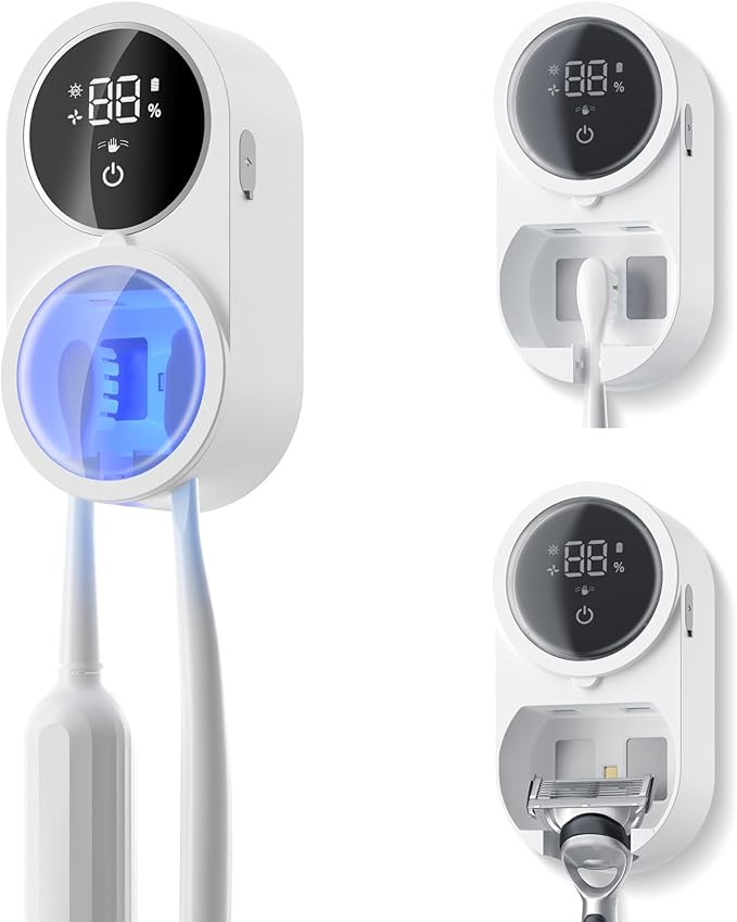 Toothbrush Holder and Cleaner Razor Holder/Dryer Light Cleaning and Air Drying Automatic Ratating Cover Rechargeable Wall Mounted for Bathroom Portable for Trip