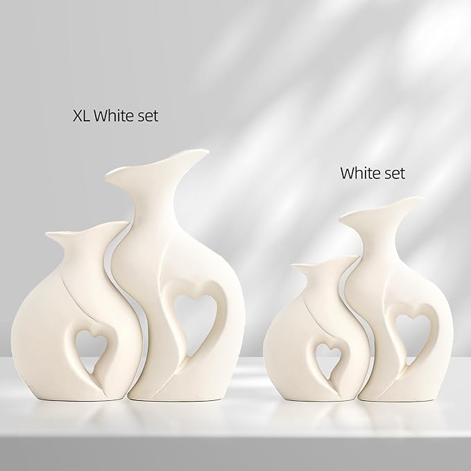 XL Pearl White Vases for Decor,Nordic Heart Shaped Ceramic Vase Set of 2,Modern Vase for Table Centerpiece Dining Living Room Office Coffee Table Wedding House Decoration