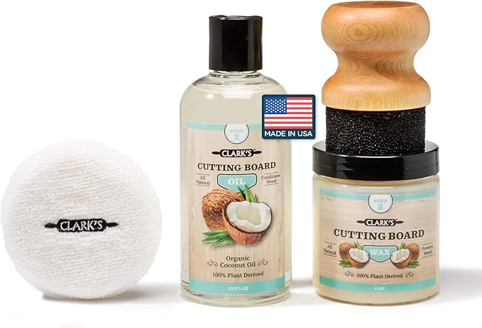 CLARK'S Coconut Cutting Board Finishing Kit - Refined Coconut Oil (12oz), Wax (6oz), Applicator and Buffing Pad - Butcher Block Oil and Wax