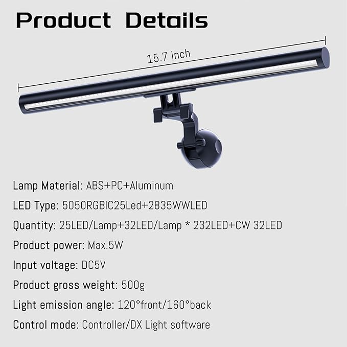 Monitor Light RGB Backlight with Software & Buttons Controls, Dual Light Bar Gaming Office Desk Lamp 15 Modes Dimmable 3 Color Temperature Adjustable No Glare Desk Lamp for Home Office Gaming