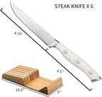 Alata 6-Piece White Steak Knives Set with Block, Stainless Steel Steak Knife set with Serrated Edge, Razor-Sharp, Full-Tang Construction, Dishwasher Safe